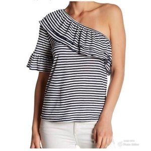 Ro & De Striped One-Shoulder Ruffle Top